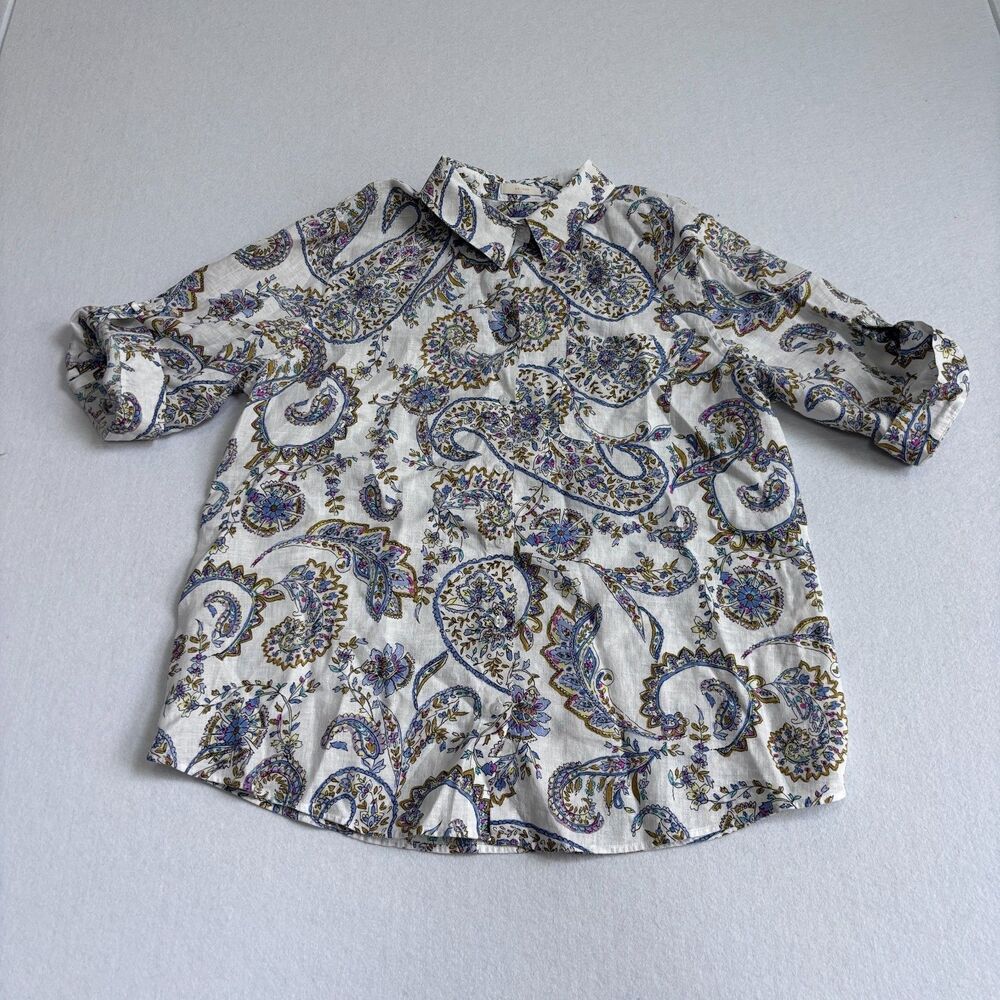 Chico's Linen Paisley Button Down Shirt Women's 2 Large 3/4 Sleeve No Iron - Picture 2 of 9